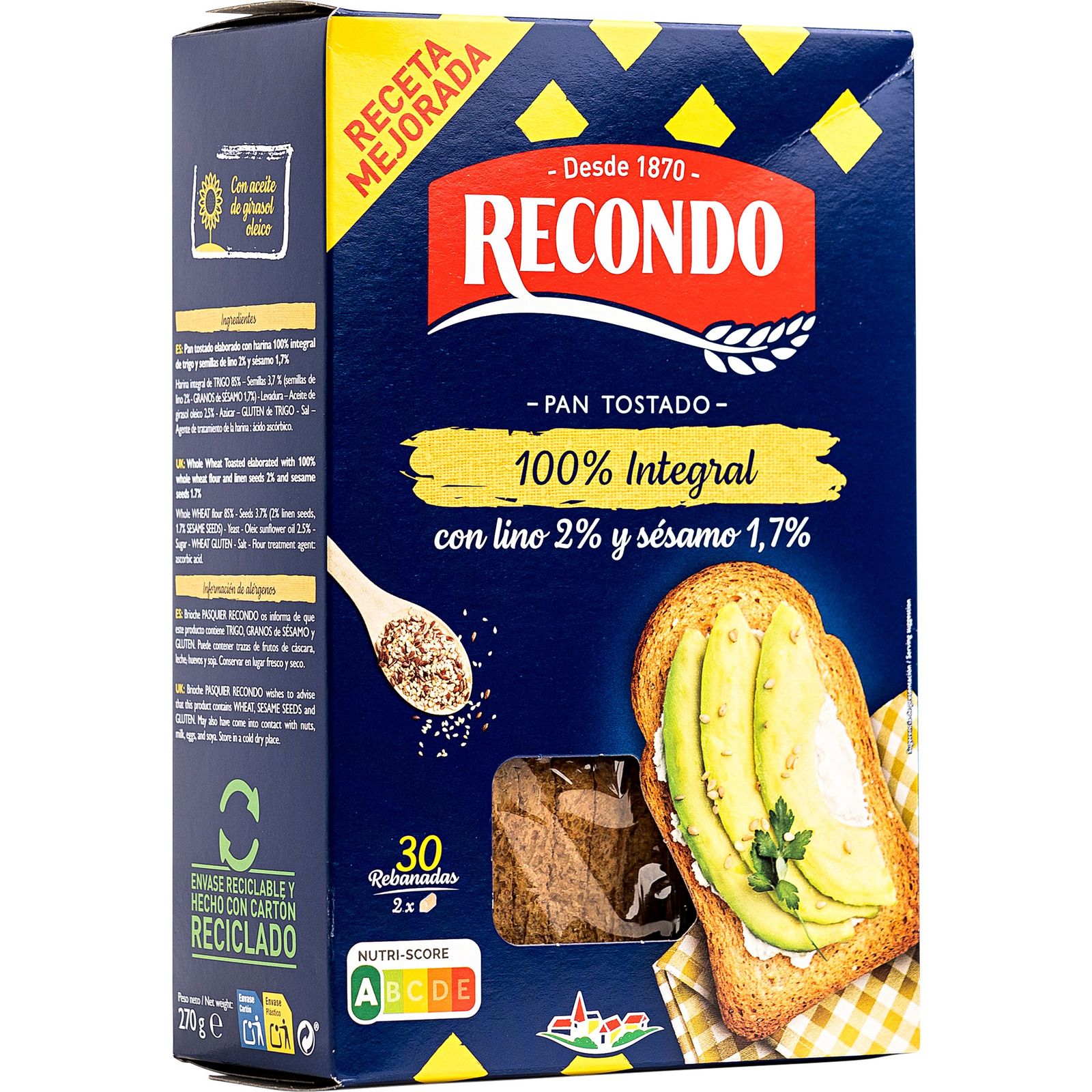 Pan tostado integral 30 unidades