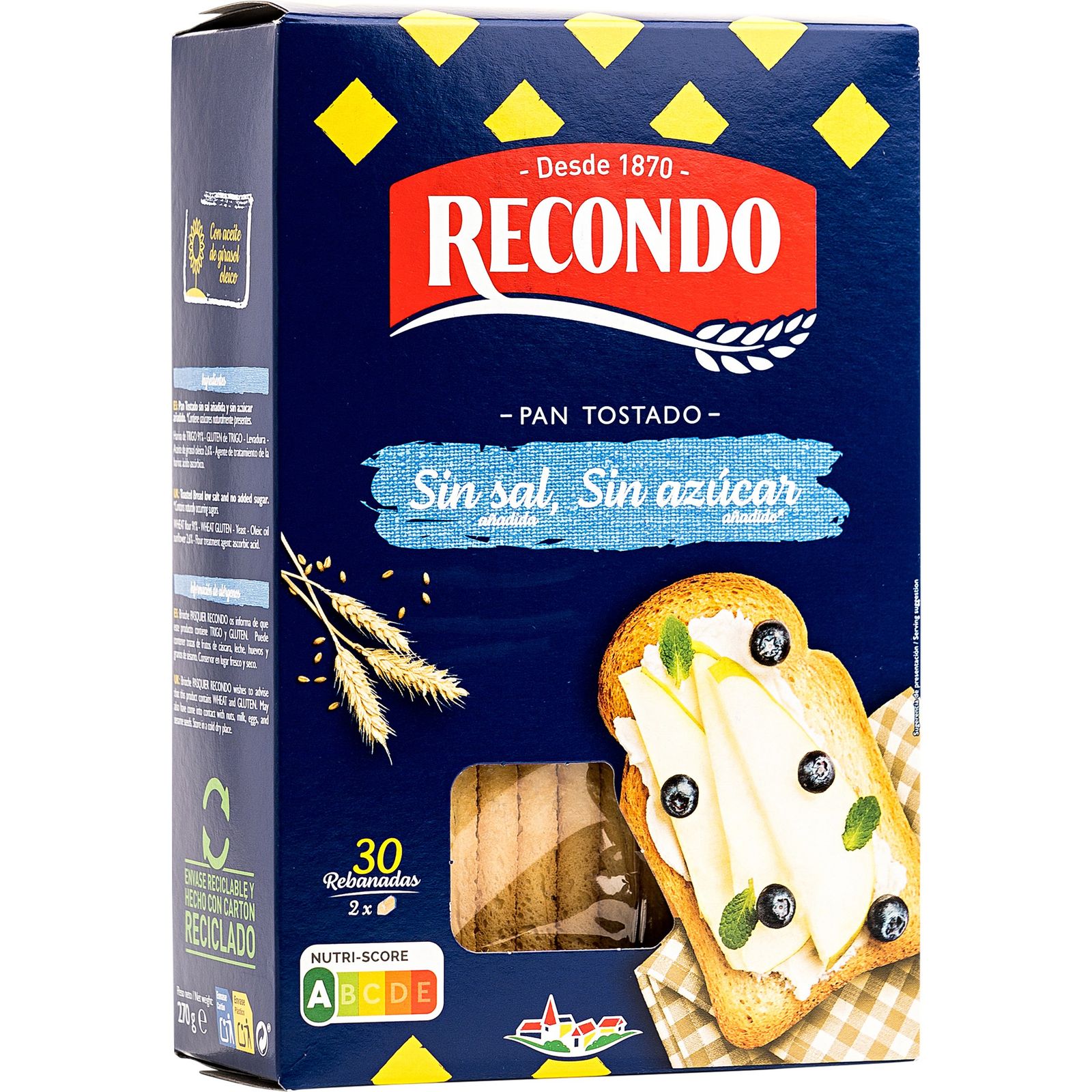 Pan tostado sin sal y sin azúcares 30 unidades