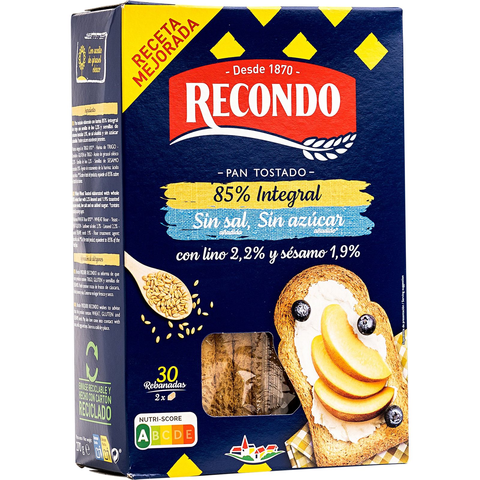 Pan tostado integral sin sal/azúcares 30 uds 270 g